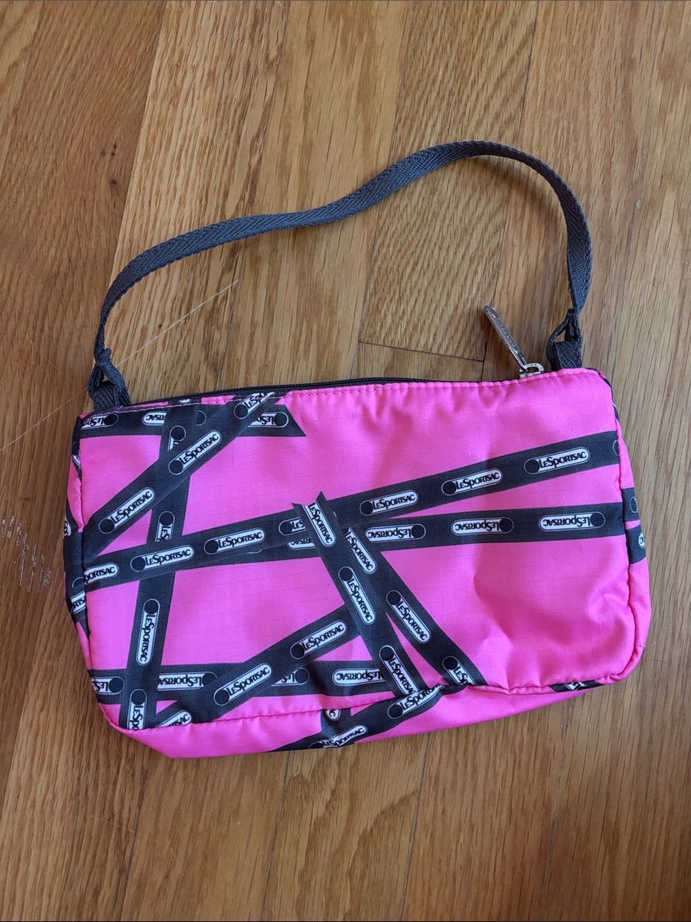 Y2K LeSportsac Hot Pink Wristlet with Brown Logo Strap Print